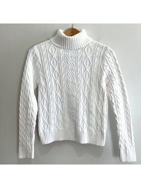 Pria Cable Knit Turtleneck Sweater Womens L Cream 100% Cotton Fisherman Cozy